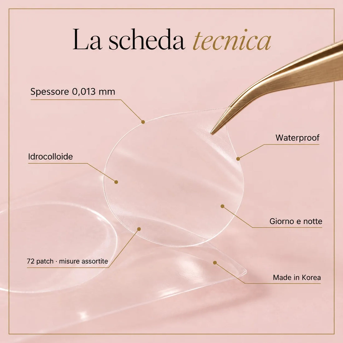 La scheda tecnica: spessore 0,013 mm, idrocolloide, waterproof, giorno e notte